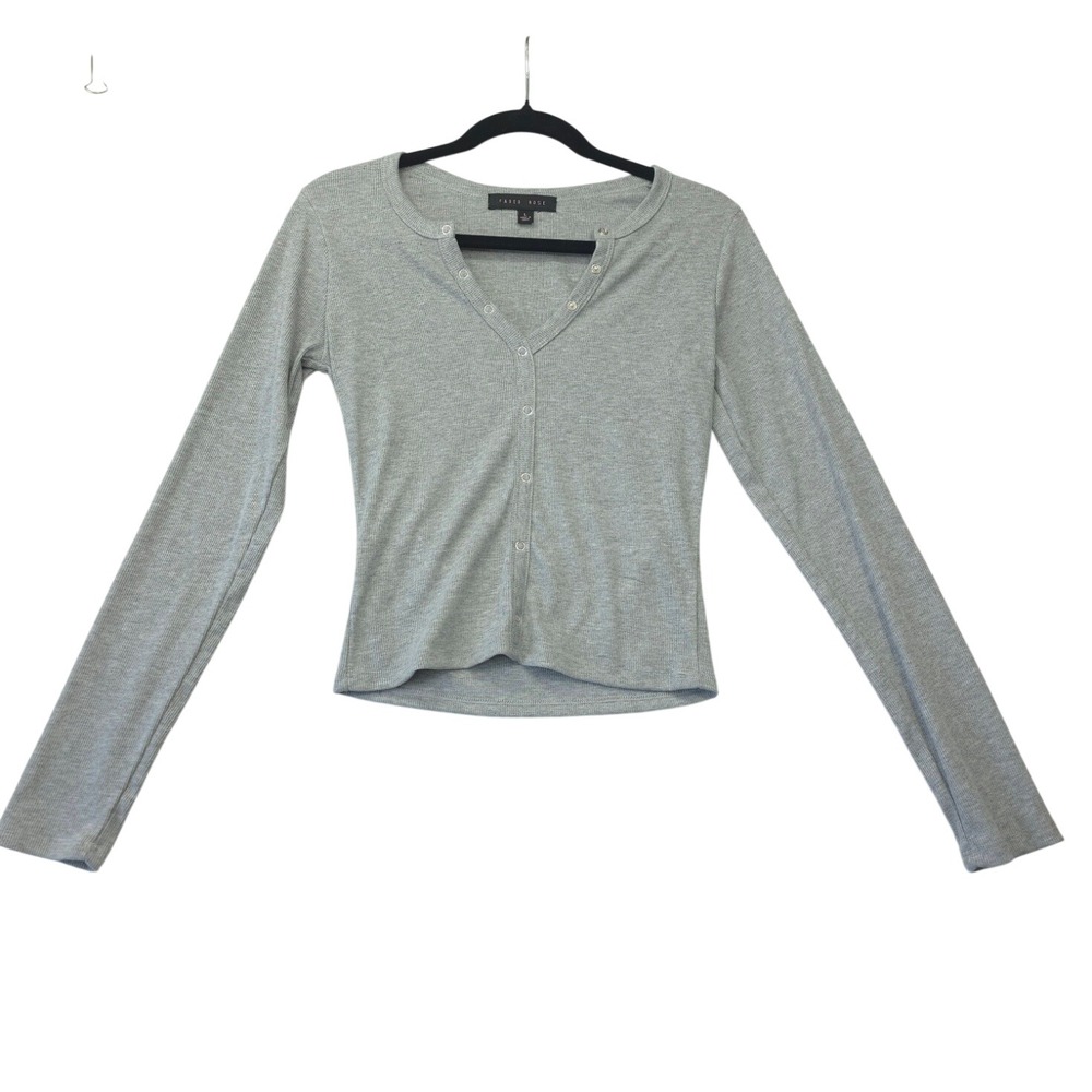 Faded Rose Womens Gray Ribbed Snap Front Long Sleeve Henley Top Size L Grunge